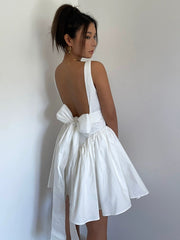 Backless Pleated Flare Mini Dress Sleeveless Square Neck A-line Dress Tie Back Flowy Short Dress