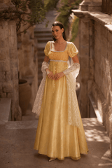 Regency Era Golden Yellow Empire Waist Gown with Pearl Chain Detail – Bridgerton Inspired Evening Dress Plus Size - WonderlandByLilian
