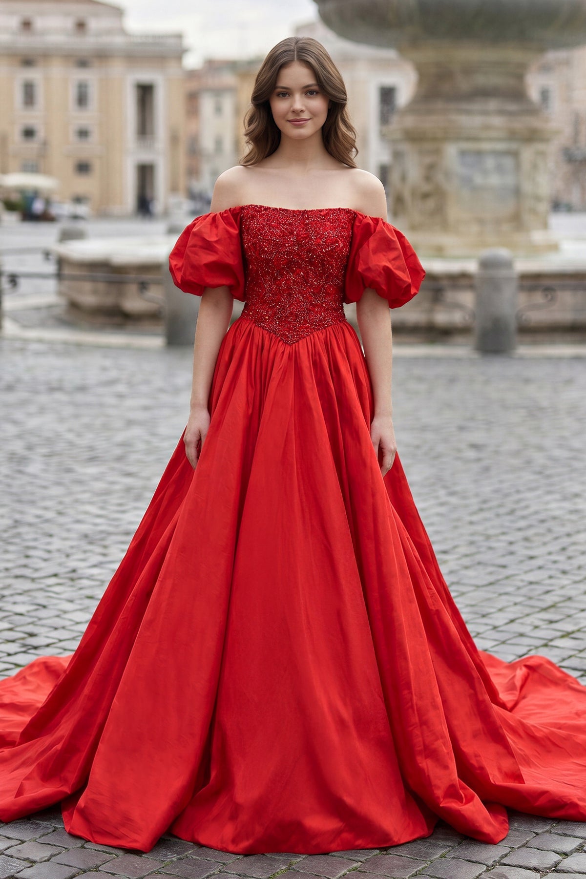 Red A-Line Off The Shoulder Taffeta Prom Dress With Short Puffy Sleeves - KissProm