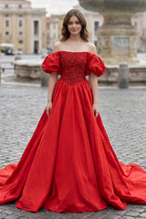Red A-Line Off The Shoulder Taffeta Prom Dress With Short Puffy Sleeves - KissProm