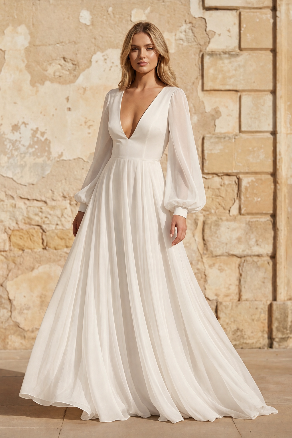 A-Line Long Sleeves Matte Satin Wedding Dresses with V Neck - KissProm